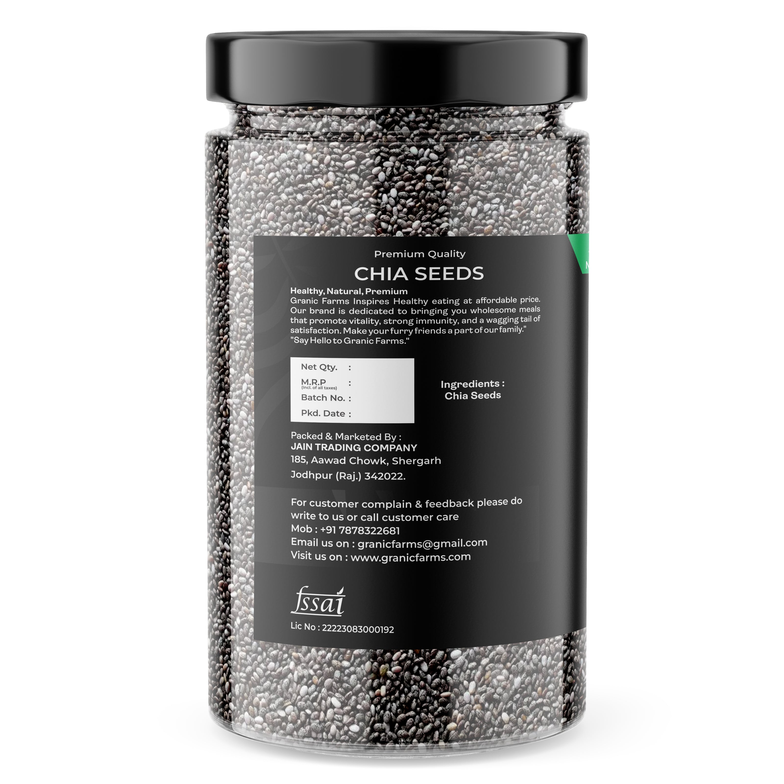 Granic Farms Raw Chia Seeds For Eating 1kg (Jar Pack) Healthy Snack For Immunity Booster, Rich in Fiber - Diet Snacks For Weight Loss.