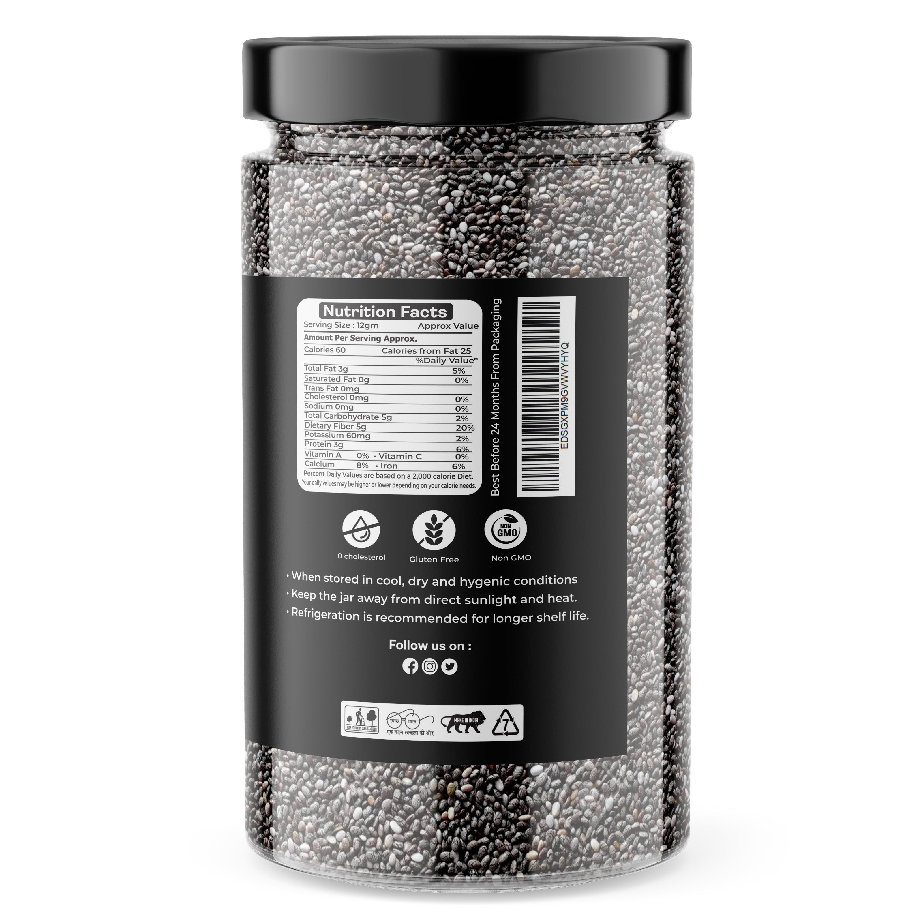 Granic Farms Raw Chia Seeds For Eating 1kg (Jar Pack) Healthy Snack For Immunity Booster, Rich in Fiber - Diet Snacks For Weight Loss.