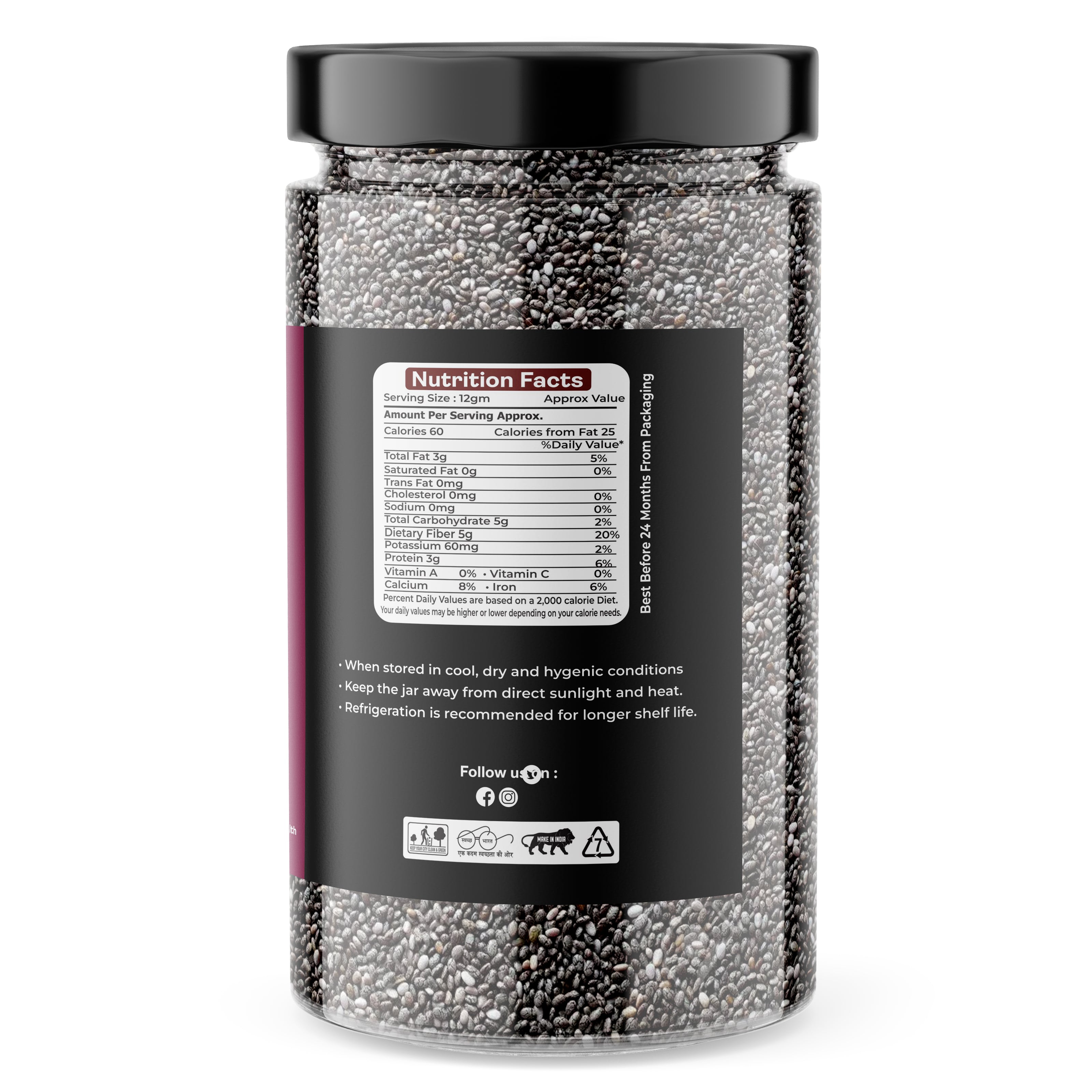 Granic Farms Premium Raw Chia Seeds For Eating 1kg (Jar Pack) Healthy Snack For Immunity Booster, Rich in Fiber - Diet Snacks For Weight Loss.